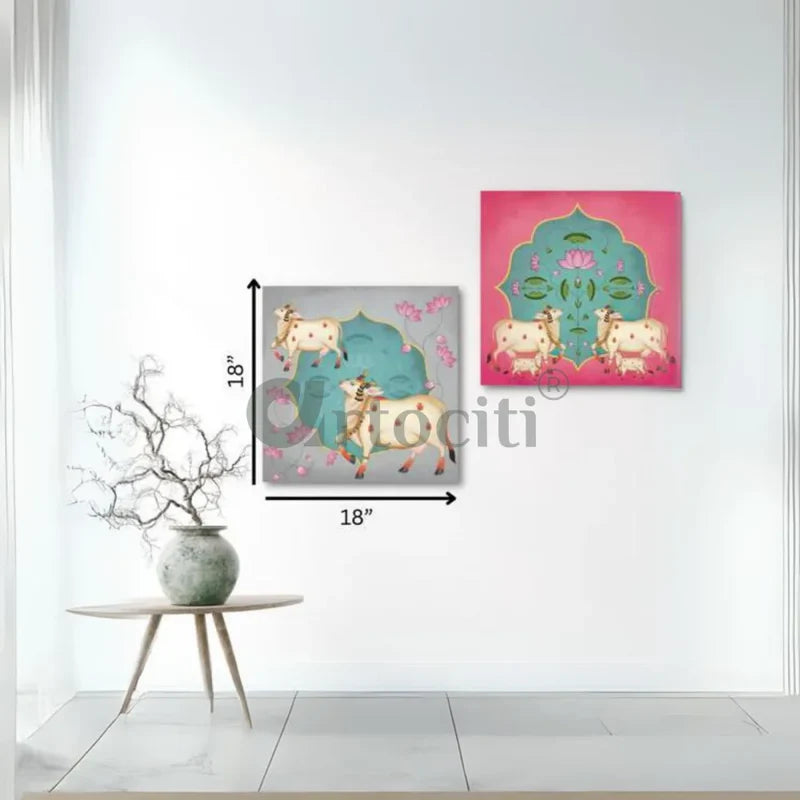 Indian Pastel Krishna Cow Pichwai Painting Wall Painting (Set of 3) Giclee Print