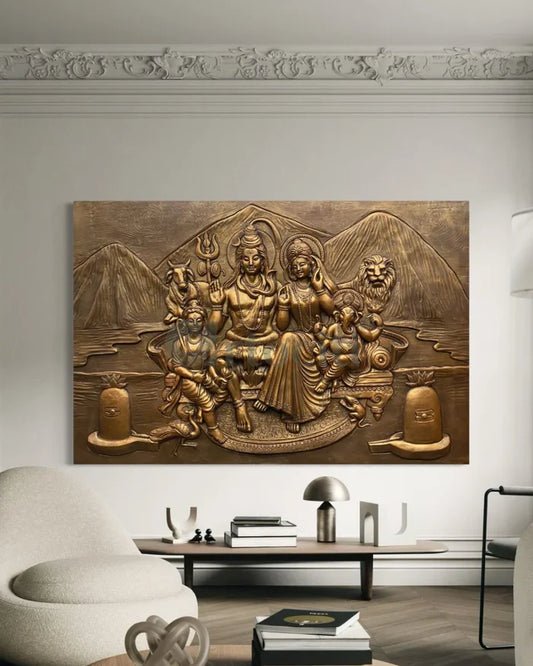 6X4 Feet Shiva Parivar 3D Relief Mural Wall Art Bronze & Golden Elegance