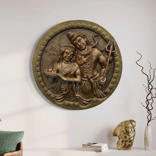 31X31 Inches Round Shiva Parvati 3D Relief Mural Wall Art