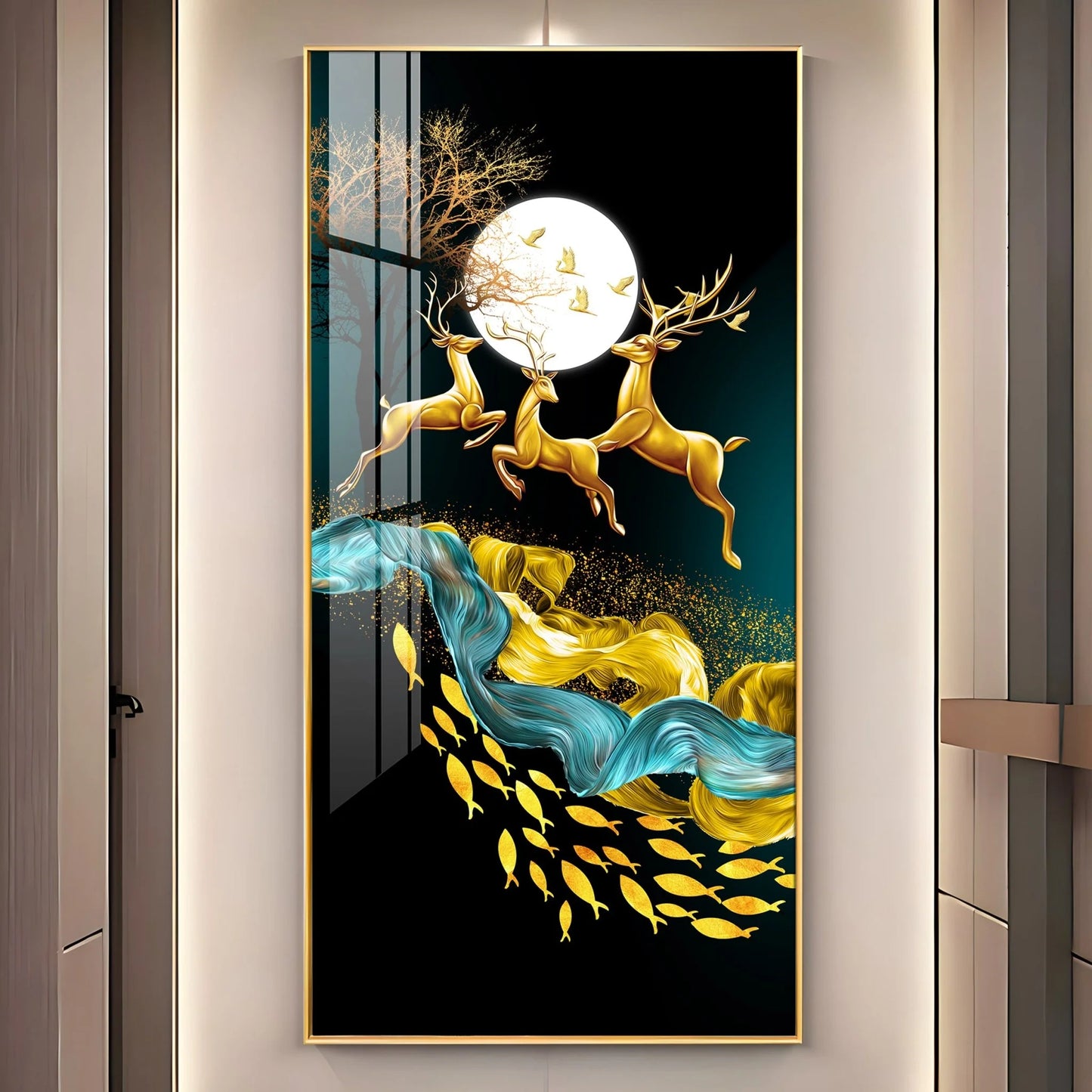 Jolly Deers With Koi Fish Luxury Crystal Vertical Wall Art