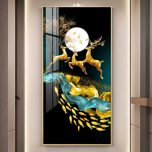 Jolly Deers With Koi Fish Luxury Crystal Vertical Wall Art