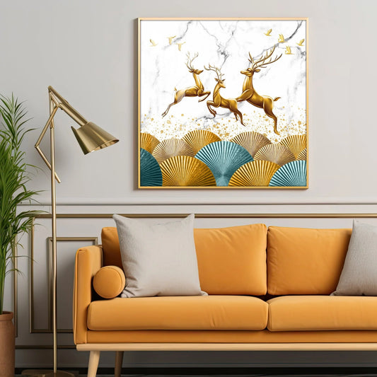 Jolly Golden Deers Luxury Crystal Square Wall Art