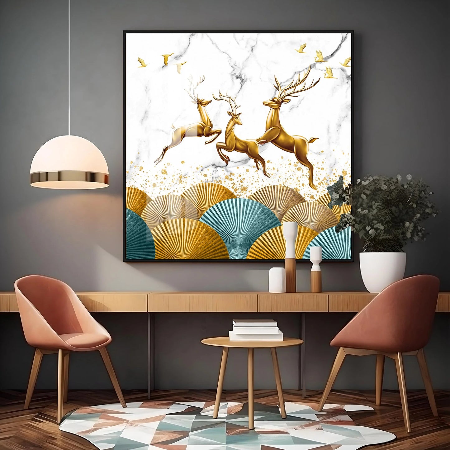 Jolly Golden Deers Luxury Crystal Square Wall Art