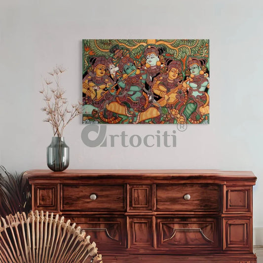 Kerala Mural Canvas Painting of Lord Krishna and his Gopis High Quality Giclee Print