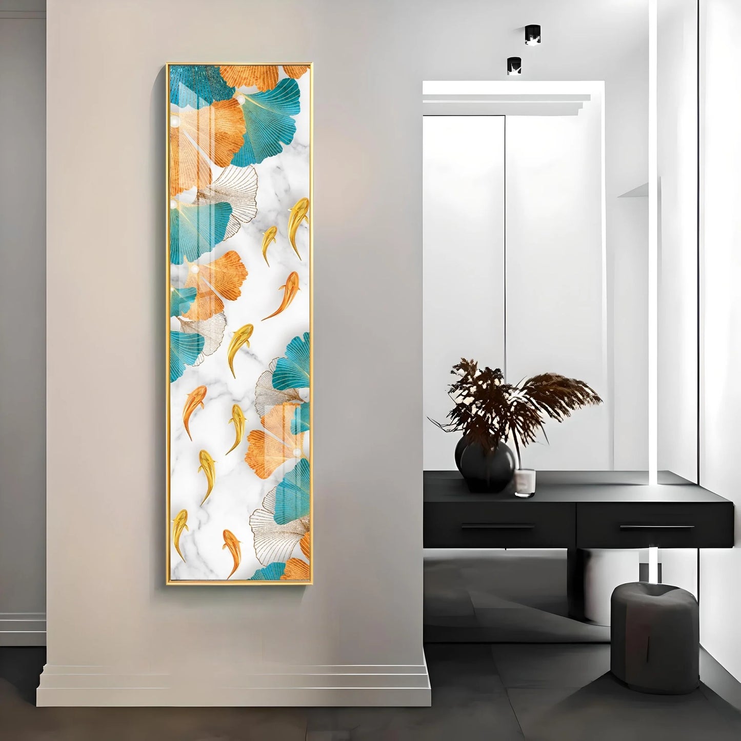 Koi Fish & Ginkgo Biloba Luxury Crystal Vertical Wall Art