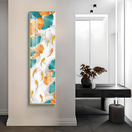 Koi Fish & Ginkgo Biloba Luxury Crystal Vertical Wall Art