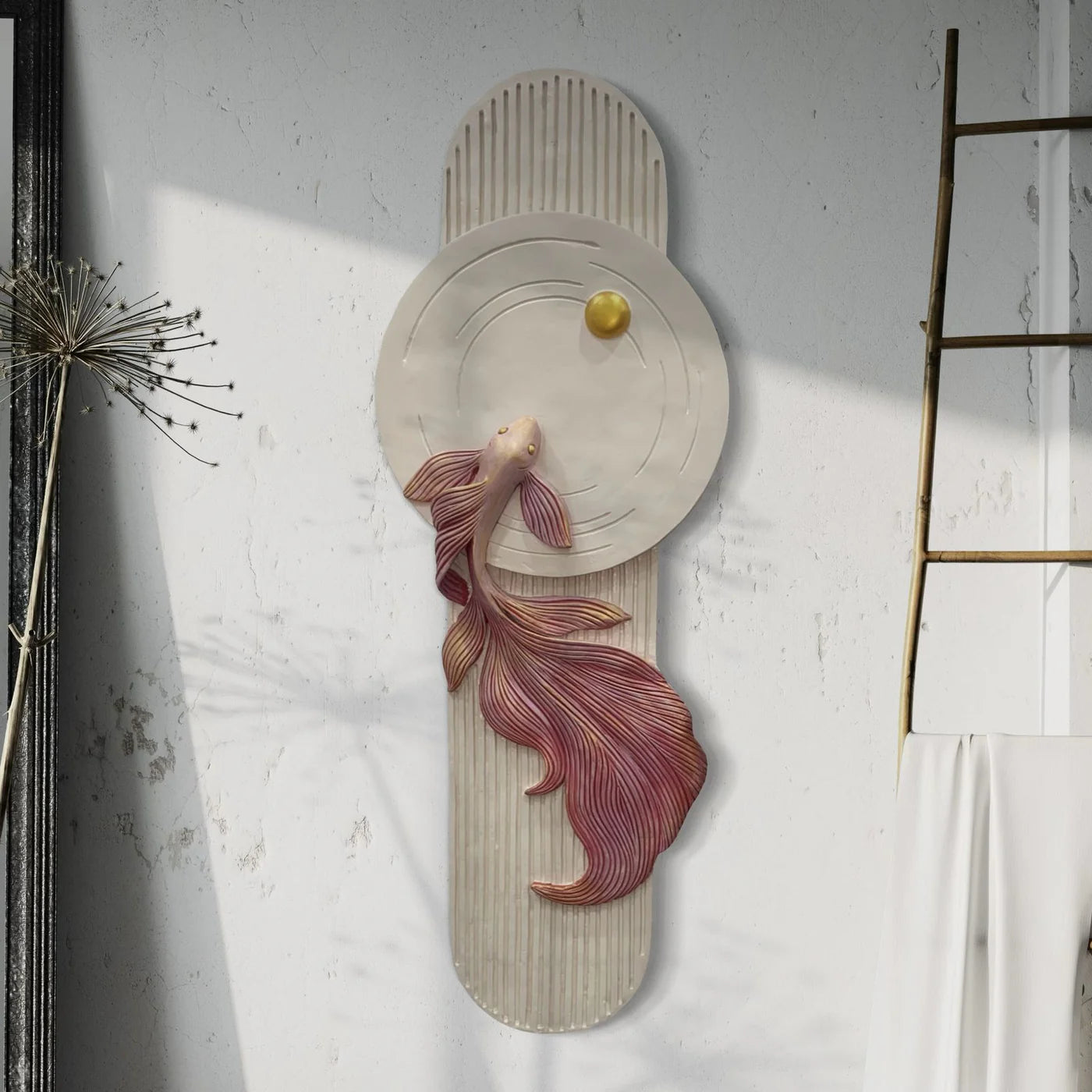 5X2 Feet Koi Fish 3d Abstract Relief Mural | Fish Wall Art | LED Light Installed