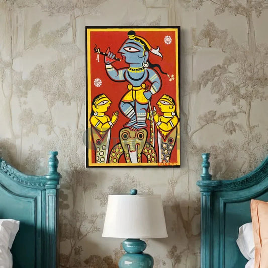 Krishna Blessing Snake Kaliya by Jamini Roy Kalighat Painting