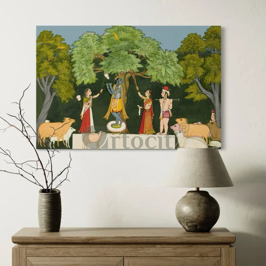 Krishna Entertaining Companions Pichwai Art Canvas Giclee Painting