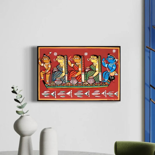 Krishna, Gopika & Radha Krishna Boating by Jamini Roy Kalighat Painting