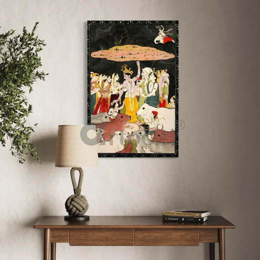 Krishna Lifting the Mountain Govardhana Pahari Canvas Giclee Print