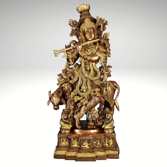 Krishna With Cow Brass Idol 28″