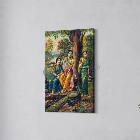Krishna with Gopis Venulola Art by Raja Ravi Varma Famous Canvas Painting