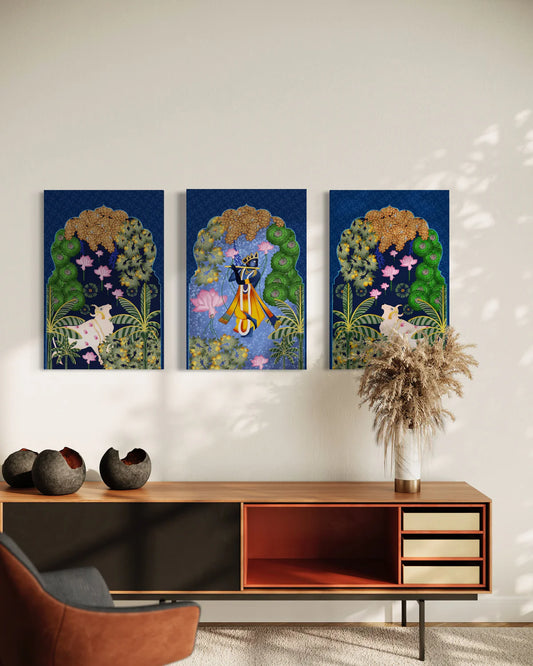 Indian Colorful Krishna Pichwai Wall Painting (Set Of 3)