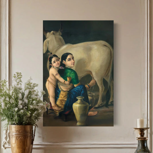 Yashoda And Krishna By Raja Ravi Varma Canvas Painting