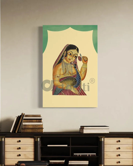 Lady Holding a Rose and a Peacock Kalighat Canvas Giclee Print
