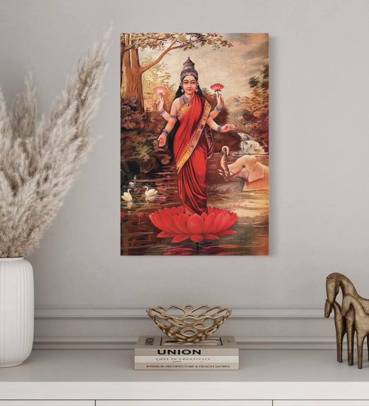 Goddess Lakshmi On Her Lotus By Raja Ravi Varma Famous Canvas Painting