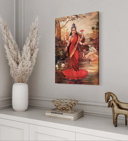 Goddess Lakshmi On Her Lotus By Raja Ravi Varma Famous Canvas Painting
