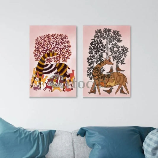 Large Size Gond Art Giclee Print Gallery Wrapped (Set of 2)