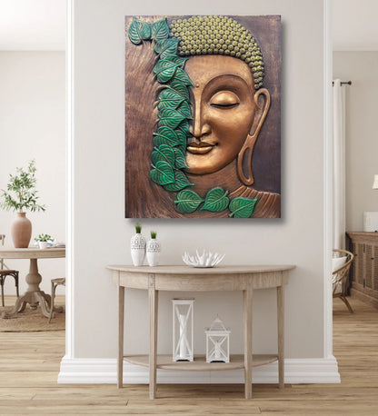 4x3 Feet Large Size 3D Buddha With Green Leaves Relief Mural Wall Art