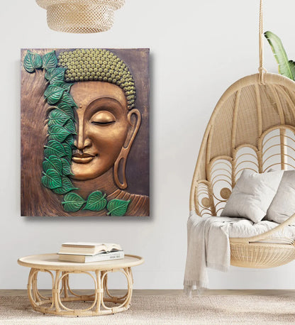 4x3 Feet Large Size 3D Buddha With Green Leaves Relief Mural Wall Art