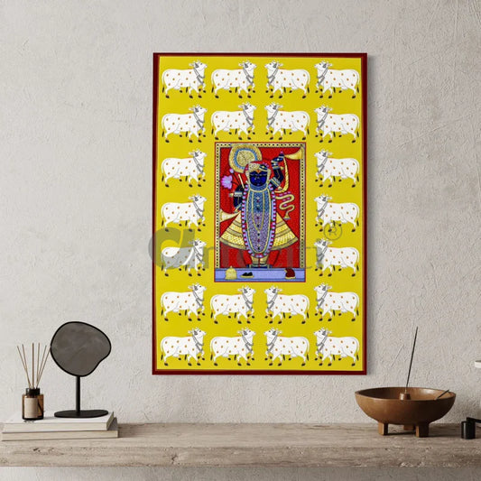 Lord Shreenathji Pichwai in Yellow Traditional Art Canvas Giclee Print