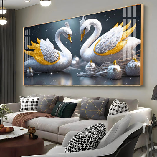 Lovely Swan Couple Luxury Crystal Horizontal Wall Art
