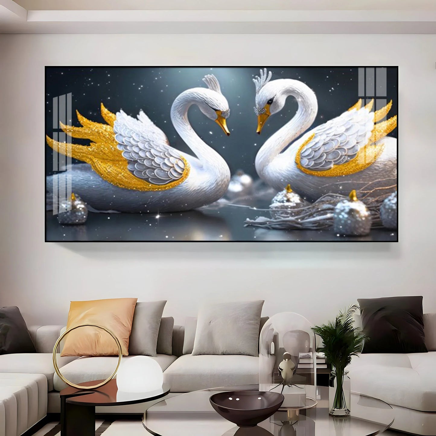 Lovely Swan Couple Luxury Crystal Horizontal Wall Art