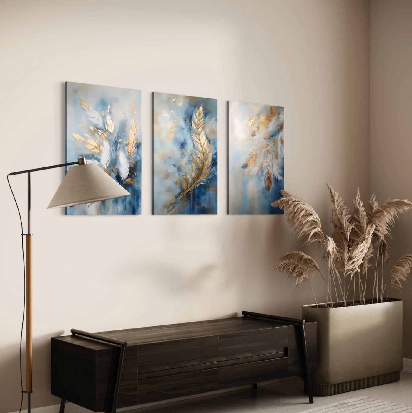 Luxury Golden & Blue Feather Leaves Modern Abstract Canvas Painting