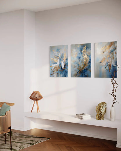 Luxury Golden & Blue Feather Leaves Modern Abstract Canvas Painting