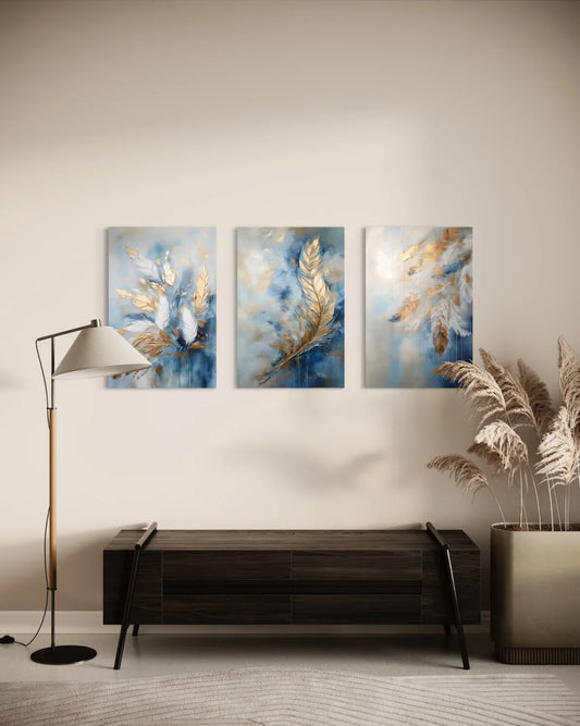 Luxury Golden & Blue Feather Leaves Modern Abstract Canvas Painting