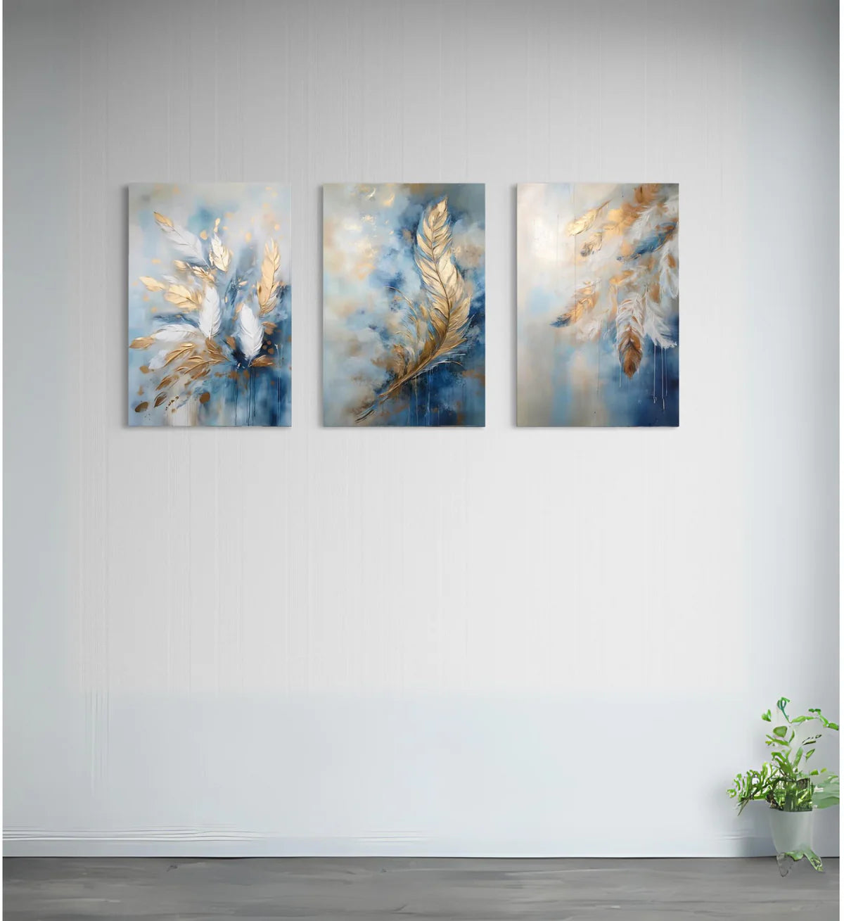 Luxury Golden & Blue Feather Leaves Modern Abstract Canvas Painting
