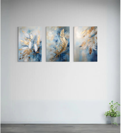 Luxury Golden & Blue Feather Leaves Modern Abstract Canvas Painting