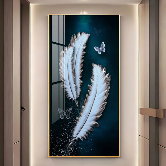 Magical Feathers With Butterfly Luxury Crystal Vertical Wall Art
