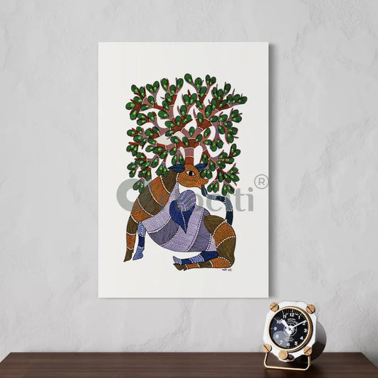 Majestic Deer with Tree Famous Canvas Painting Gond Art