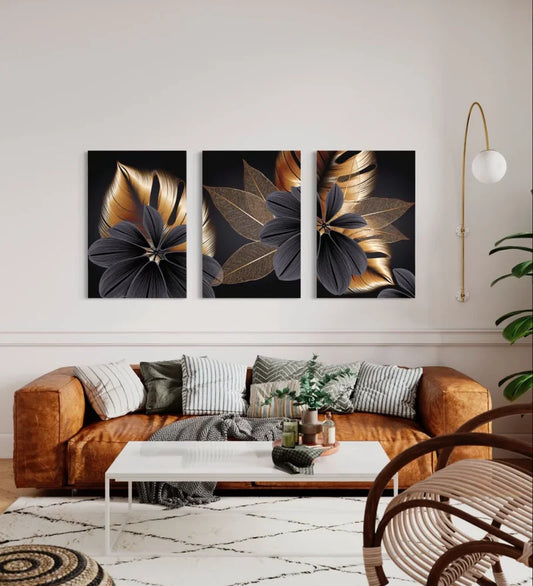 Modern Abstract Canvas Painting Golden Black Leaves Set of 3