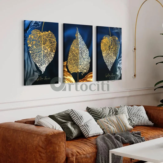 Modern Abstract Canvas Painting Peepal Leaves Set of 3 Giclee Print
