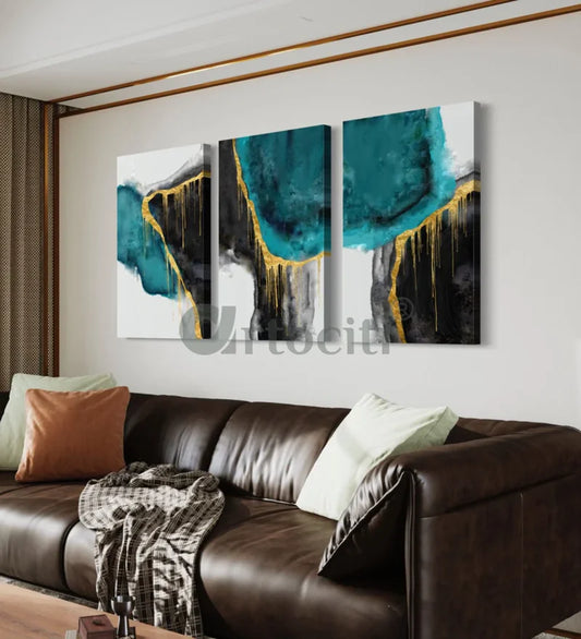 Modern Abstract Canvas Painting Teal and black Set of 3