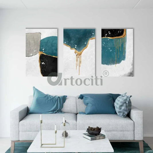 Modern Abstract Canvas Painting Teal drops -Set of 3 High Quality Giclee Print