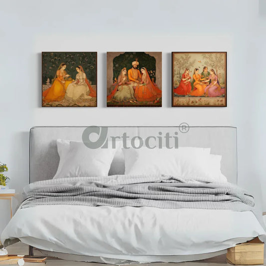 Mughal Elegance Trio Canvas Paintings Mughal Art