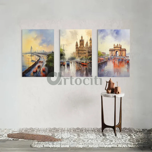 Mumbai Cityscape Watercolor Canvas Set World Famous Cities