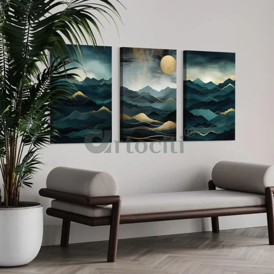 Mystic Mountain Sunrise: Set of 3 Abstract Canvas Paintings
