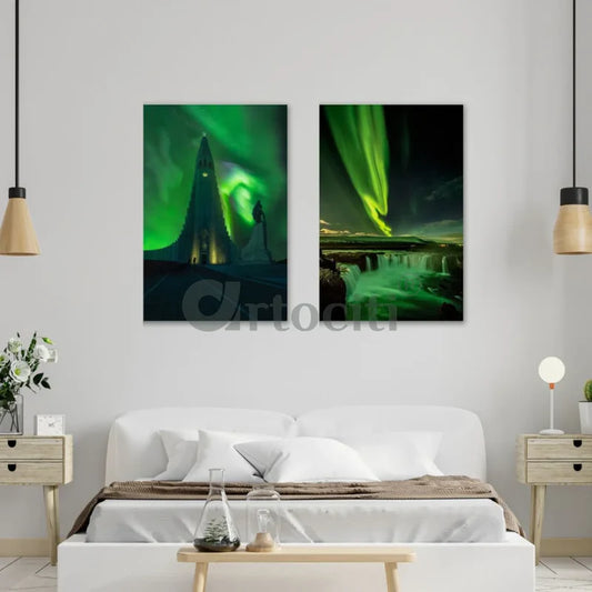 Northern lights Set of 2 Photographs on Canvas Giclee Print