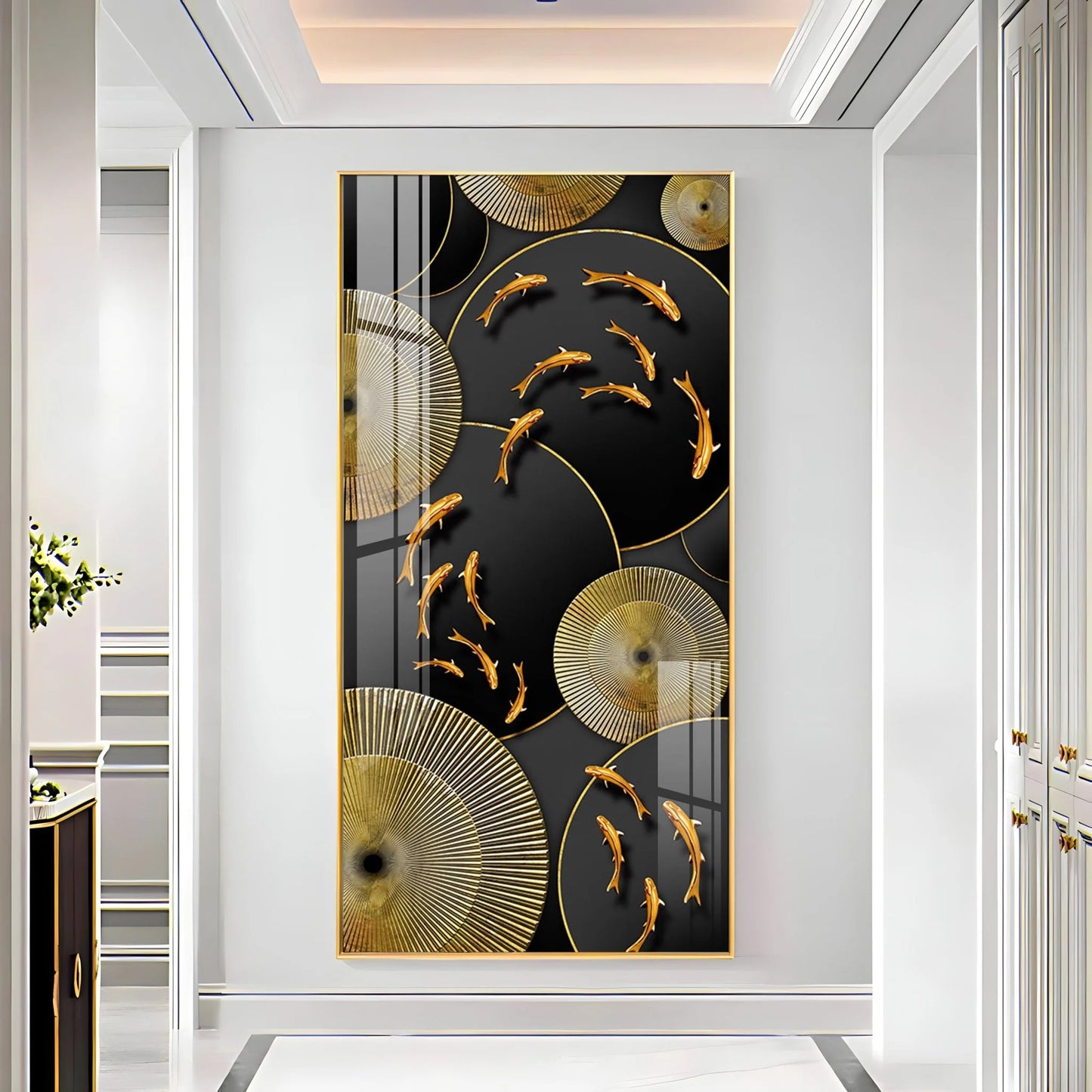 Optimistic Golden Koi Fishes Luxury Crystal Wall Art