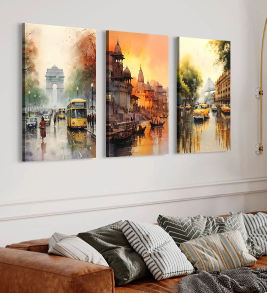 Iconic Indian Cities Canvas Set: Banaras, Kolkata, Delhi World Famous Cities