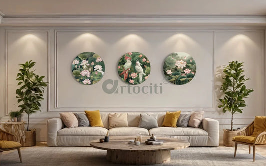 Pichwai Jungle Trio - Lotus & Bird Canvas Giclee Print (Set of 3)
