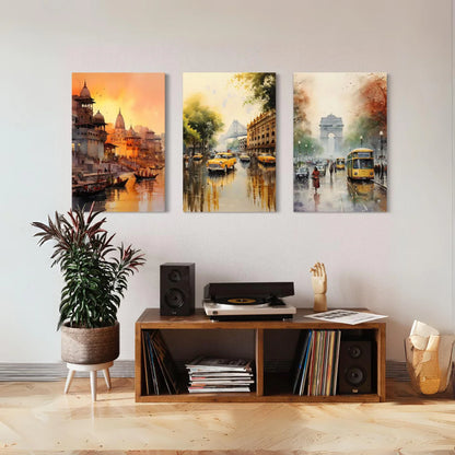 Iconic Indian Cities Canvas Set: Banaras, Kolkata, Delhi World Famous Cities