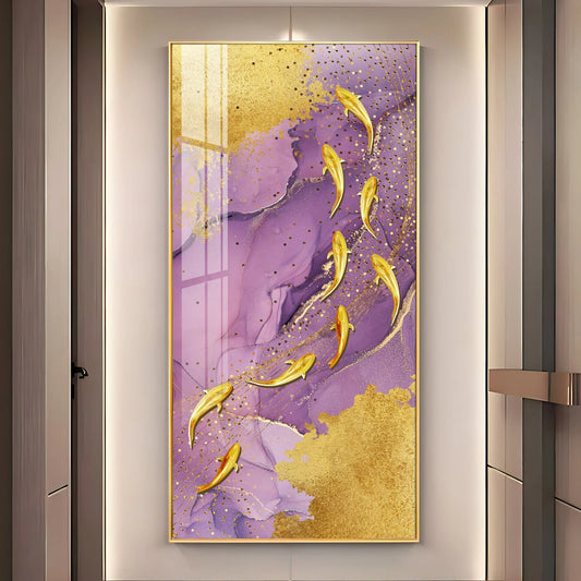 Purple Textured Golden Fish Luxury Crystal Vertical Wall Art
