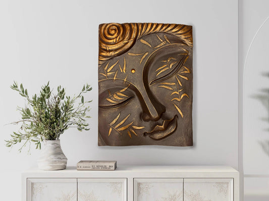 2x2.5 Feet 3D Bronze Buddha Face Relief Mural Wall Art