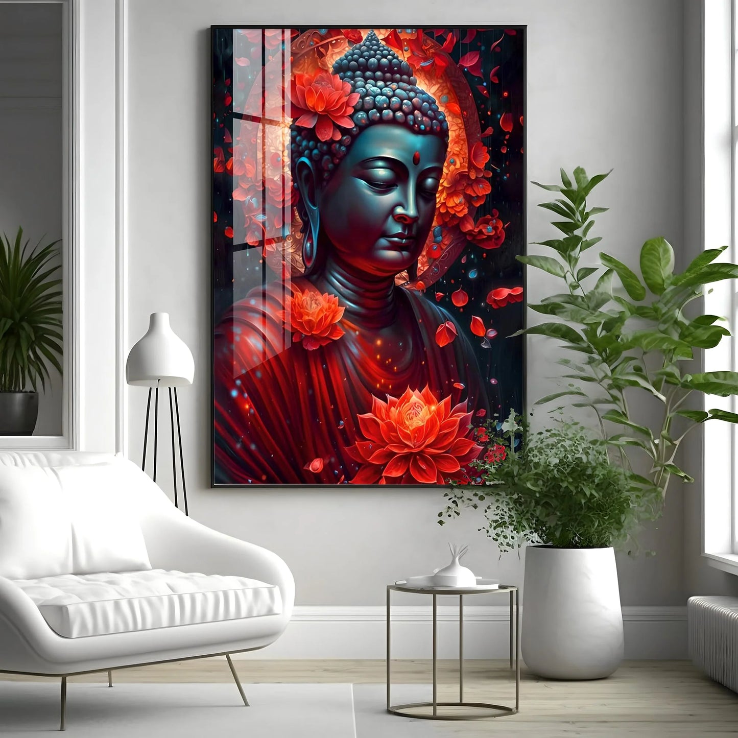 Red Buddha With Lotus Luxury Crystal Vertical Wall Art